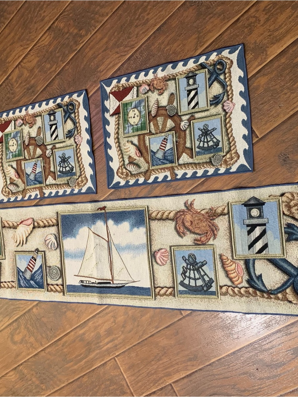 Yacht Club Runner (72”x13”) 6 Placemats (18”x13”) Nautical Tapestry Made in USA